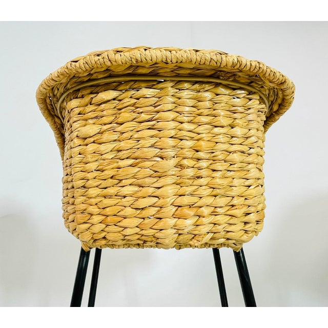 Brown Set of Three Woven Water Hyacinth and Black Metal Frame Barstools For Sale - Image 8 of 12