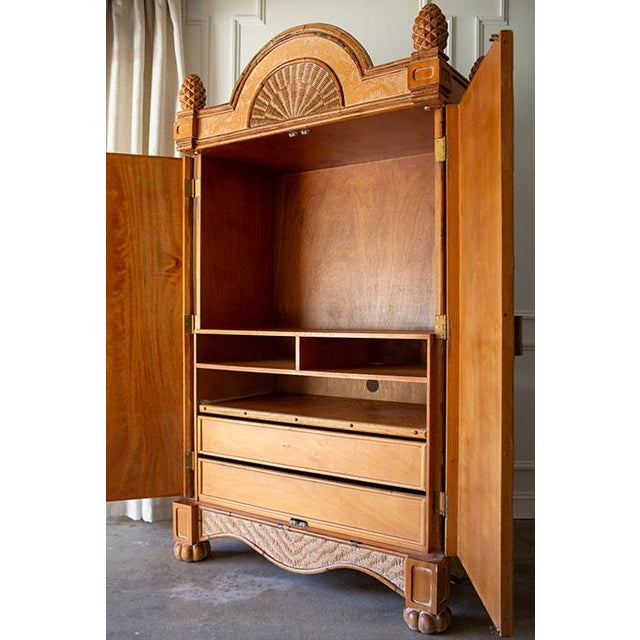 1970s 1970's Rattan Etched Wood Safari Armoire Wardrobe Storage Cabinet For Sale - Image 5 of 14