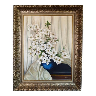 Large Framed Vintage Floral Still Life Oil Painting on Canvas For Sale