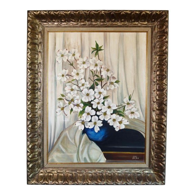 Large Framed Vintage Floral Still Life Oil Painting on Canvas For Sale