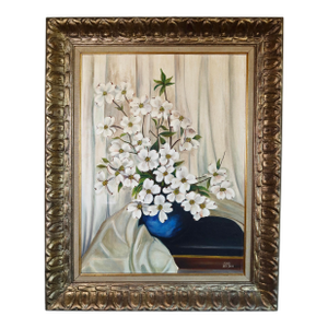 Large Framed Vintage Floral Still Life Oil Painting on Canvas
