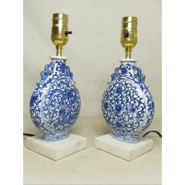 Pair of Chinese Blue and White Porcelain Moon Flask Shaped Lamps For Sale - Image 4 of 15