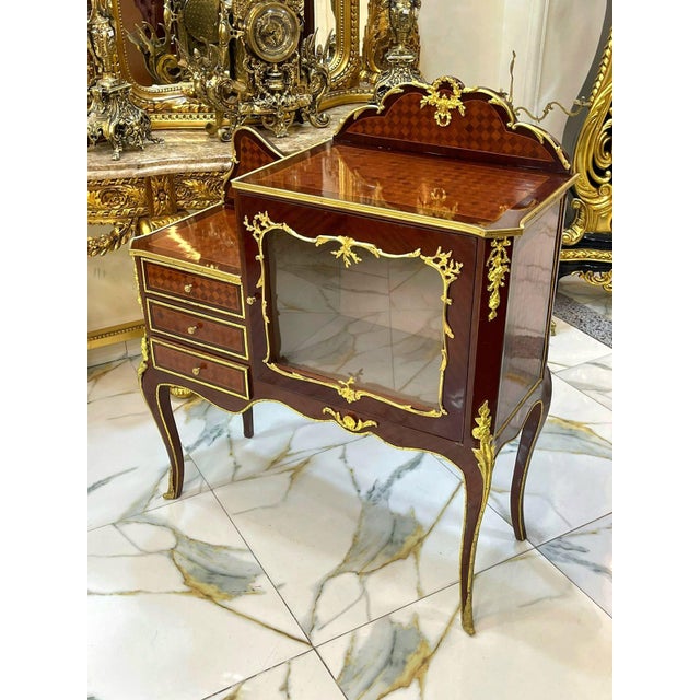 Louis XV Style Marquetry Bedside Cabinet With 3 Drawers and Glass Door For Sale - Image 4 of 5