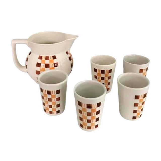 Art Deco German 5 Drink Cups and Pitcher Pottery, 1960s, Set of 6 For Sale