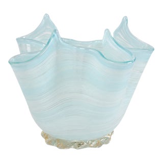 Vintage Murano Celadon Aqua Fazzoletto Handkerchief Art Glass Vase For Sale