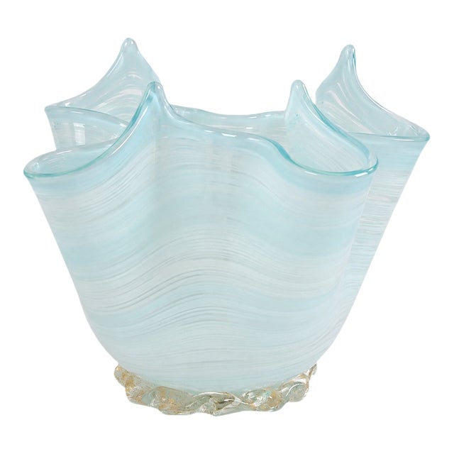Vintage Murano Celadon Aqua Fazzoletto Handkerchief Art Glass Vase For Sale