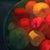 This oil on panel work features a vibrant arrangement of apples in a bowl, showcasing a rich palette of reds, yellows, and...