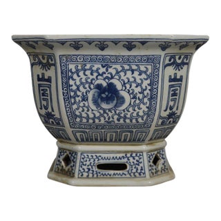 Antique Blue & White Porcelain Planter – 9.8" Hexagonal Jardiniere With Floral Motif For Sale