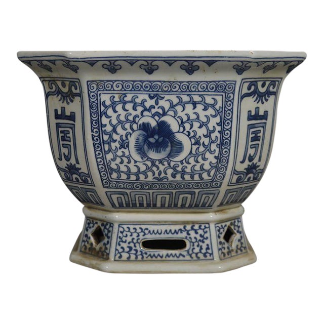 Antique Blue & White Porcelain Planter – 9.8" Hexagonal Jardiniere With Floral Motif For Sale