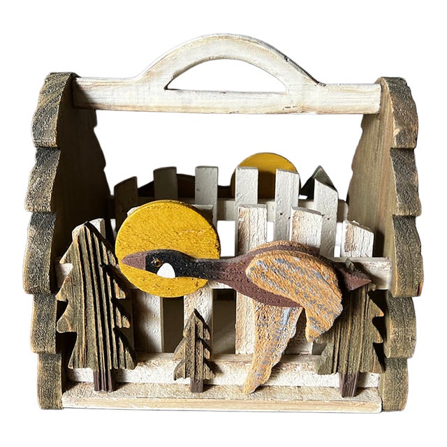 Vintage Folk Art Flying Goose and Sunrise Scene on Wooden Basket For Sale