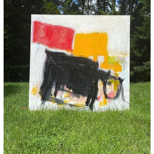 Shapes and colors emerge from a well-layered background, possibly (to this artist) suggesting a primitively drawn cow in a...