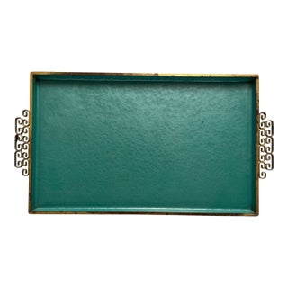 Midcentury Modern Turquoise Decor Tray With Gold Handles For Sale