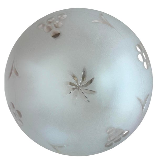 1920s 1920s American flush mounts with original old brass holders featuring leaves, berries, and star wheel-cut patterns, with frosted glass — a pair For Sale - Image 5 of 7