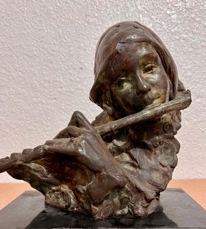 Stanley Bleifeld, Bronze Sculpture Flutist American Modernist Art Stanley Bleifeld Girl with Flute, c.1970