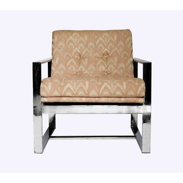 Milo Baughman style vintage mid century scoop chair. Flat bar chrome finished heavy frame with upholstered 'scoop' seat....
