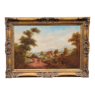 Late 19th to Early 20th Century Continental Pastoral Landscape, Signed Oil on Canvas, Carved Giltwood Frame For Sale