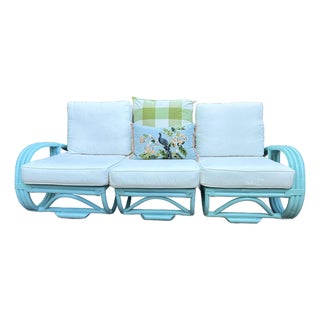Mid-Century Bamboo Pretzel Sofa in Robin Egg Blue With New Restoration Hardware Outdoor Cushions for a Modern Appeal and Comfort. 3 Sections For Sale