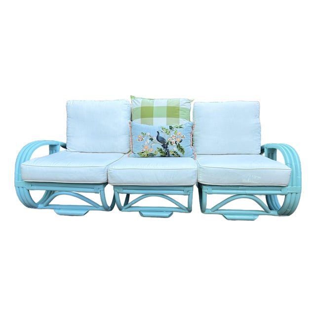 Mid-Century Bamboo Pretzel Sofa in Robin Egg Blue With New Restoration Hardware Outdoor Cushions for a Modern Appeal and Comfort. 3 Sections For Sale