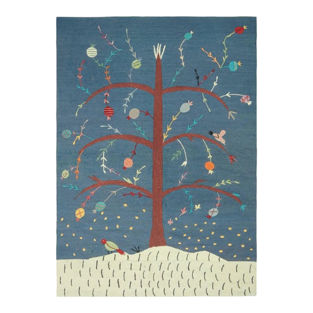 Rug & Kilim’s Suzani Style Kilim in Blue With Polychrome Tree and Bird Pictorial For Sale