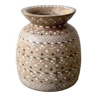 Vintage Hand-Carved Wooden Pot With Bone Inlay Decorative Vessel For Sale