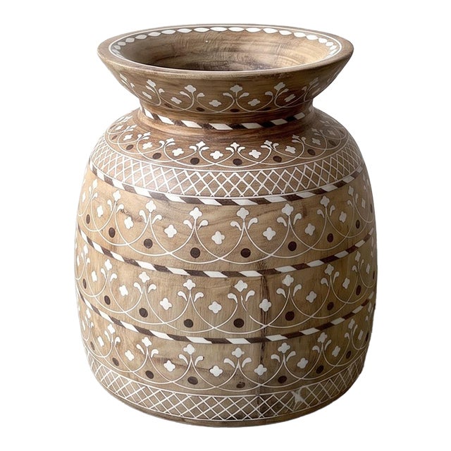 Vintage Hand-Carved Wooden Pot With Bone Inlay Decorative Vessel For Sale