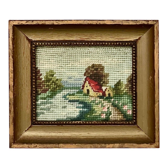 Vintage Mini Framed Countryside Needlepoint Art For Sale