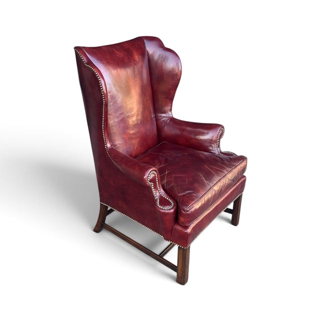 Wood Vintage Burgundy Leather Wingback Chair With Brass Nailhead Trim by Baker For Sale - Image 7 of 18