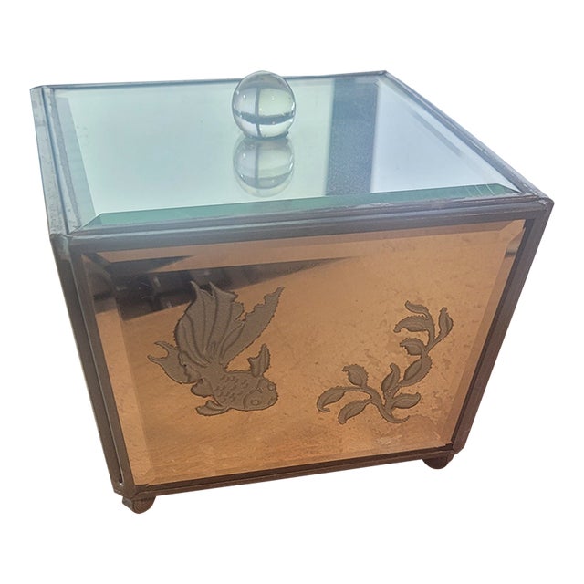 Mid 20th Century Vintage Mirrored Box With Etched Japanese Goldfish Design For Sale