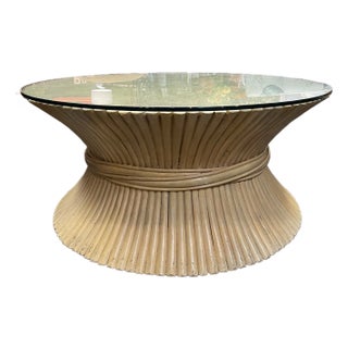 Vintage Rattan Wheat-Sheaf Coffee Table With Glass Top For Sale