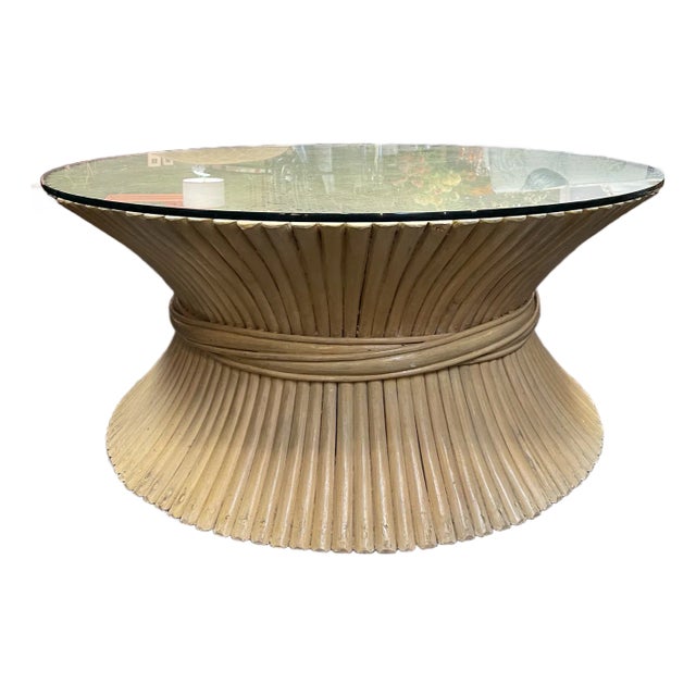 Vintage Rattan Wheat-Sheaf Coffee Table With Glass Top For Sale