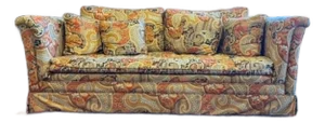 Mid Century Modern Jack Larsen Style Orange Print Loveseat From Stratford Designs