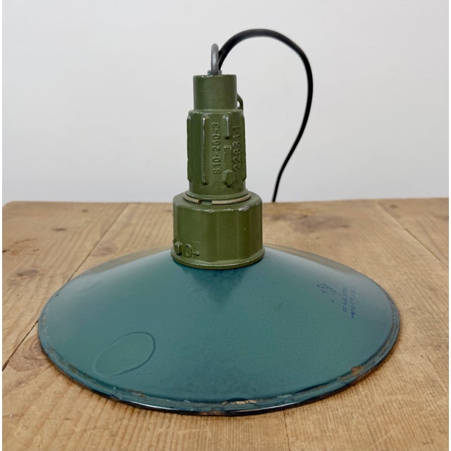 Industrial Petrol Enamel Military Pendant Lamp with Cast Aluminium Top, 1960s For Sale - Image 15 of 17