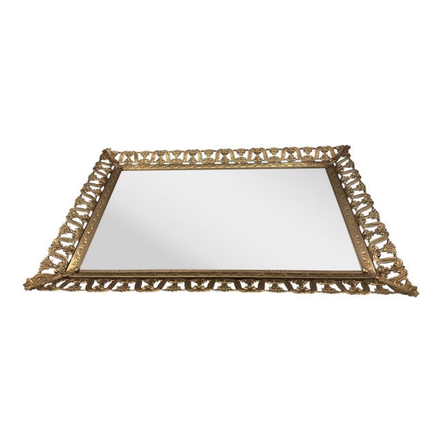 Mid 20th Century Floral Gold Gilt Mirrored Vanity Tray For Sale
