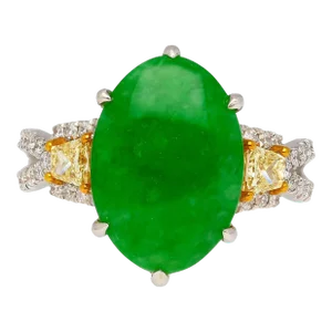 4.76 Carat Jadeite Jade with Trapezoid Cut Yellow Diamond Side Stone Ring in 18k, Size 6