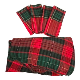 Vintage Red Green Plaid Tartan Round Tablecloth & 4 Napkins Styled After Ralph Lauren Christmas For Sale