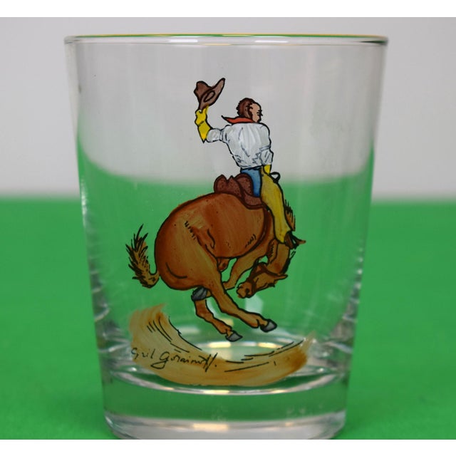 Traditional Mid 20th Century Set X 6 Cyril Gorainoff Hand Painted Western Cowboy Theme Double Old Fashioned Cocktail Glasses For Sale - Image 3 of 9