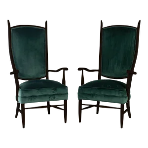 Circa 1950s Ebony Maxwell Royal American High Back Upholstered Chairs - A Pair