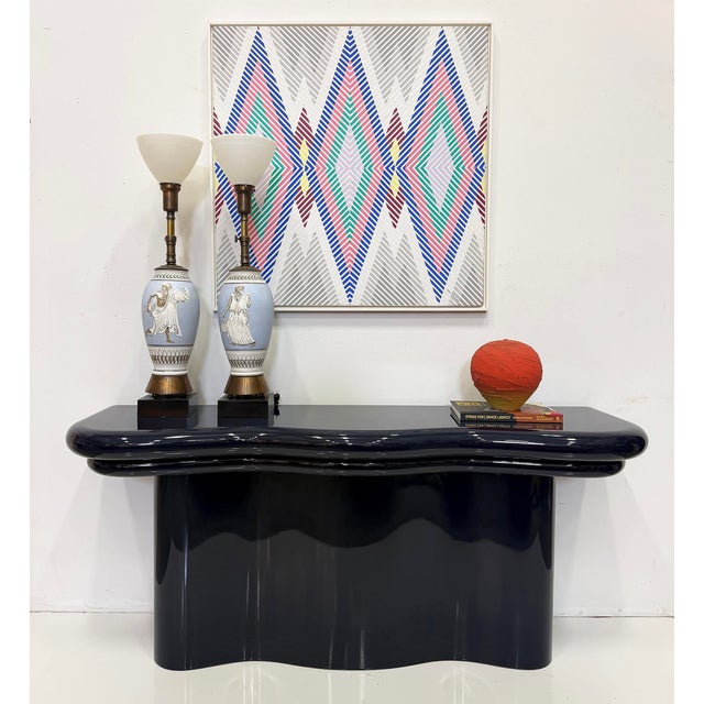 1990s Substantial Curved Italian Console Table, Newly Refinished Dark Navy Blue Offered for sale is a substantial 1990s...