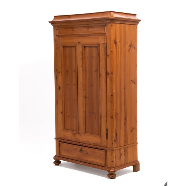 Scandinavian Single Door Pine Wardrobe Pagoda Crown Bun Feet Two Keys Original Condition 1880s For Sale In Philadelphia - Image 6 of 15