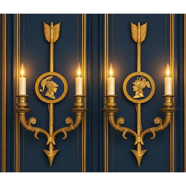 A pair of bronze two-light neoclassical wall sconces. available an other pair with red decoration. Measurements: cm 48 x...