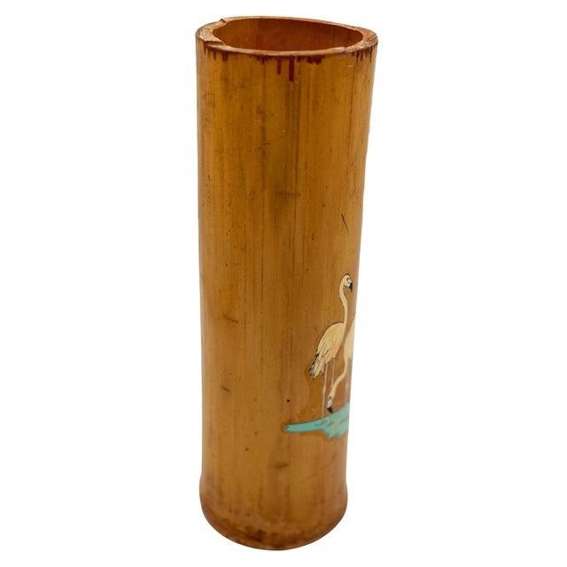 Rare 1930 Art Deco Pink Flamingo Bamboo Vase from the Delta Chi Leges Fraternity. The hand-painted Asian inspired bamboo...