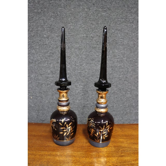 Early 20th Century Royal Purple Art Glass Decanters With Gold Horse Overlay - Pair For Sale - Image 11 of 14