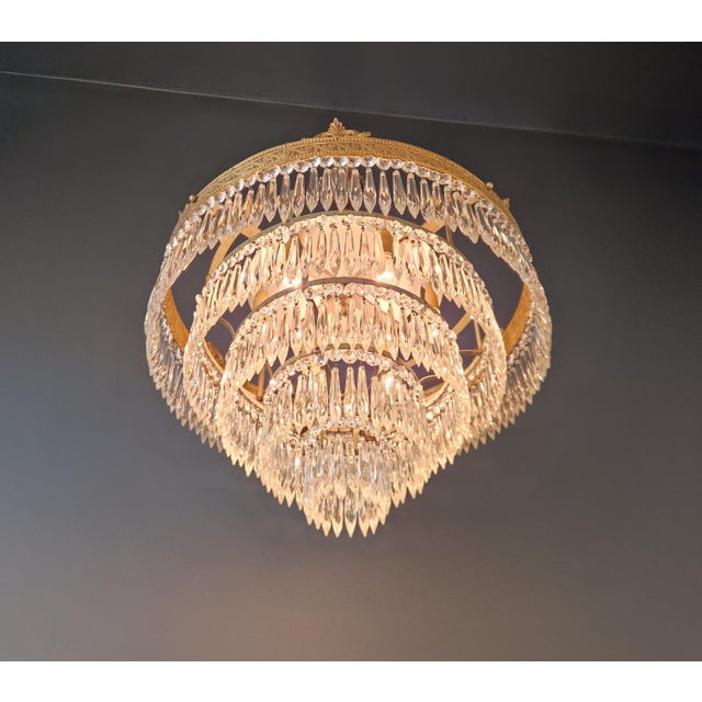 1930s Antique Art Deco Neoclassical Brass and Crystal Chandelier Plafonnier Ceiling For Sale - Image 5 of 9