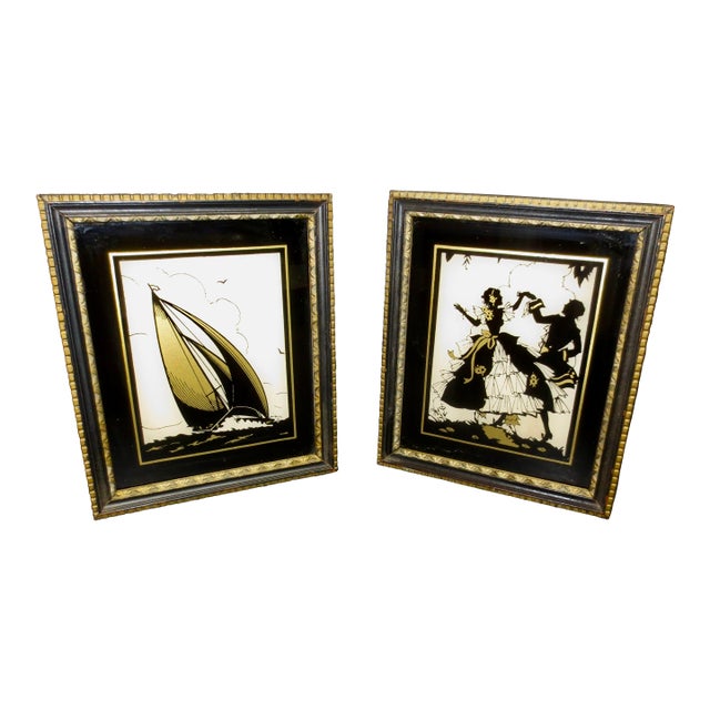 Pair of 2 Antique Reverse Glass Enamel and Gold Silhouette- Pair of 2 For Sale