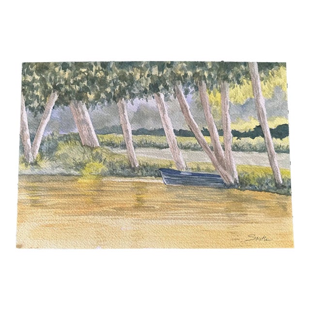 Original Watercolor Landscape Painting “Blue Boat by the Trees” For Sale