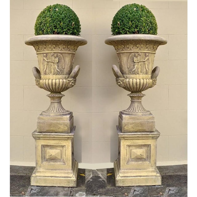 Terracota Garden Campana Urns with Pedestal Base in the style of Thomas Hope For Sale - Image 5 of 6