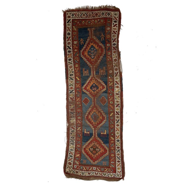 1930s Nomadic Blue, Terracotta, Red and Camel Runner Rug , 3.2 x 8.9 For Sale - Image 11 of 11