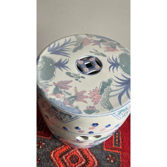 Late 20th Century Garden Stool Chinoiserie Pastel Ceramic Pink Lotus For Sale - Image 9 of 10