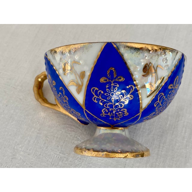 Vintage Ucagco Ceramics Japan Porcelain Teacup and Saucer Set Cobalt Blue Pink Rose Lusterware Pierced Scalloped Rim Mid-Century Excellent Condition For Sale - Image 4 of 13
