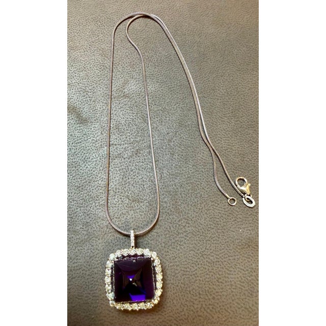 Purple 15 Ct Sugar Loaf Amethyst & Diamonds Pendent Necklace 18 Karat White Gold Chain For Sale - Image 8 of 8